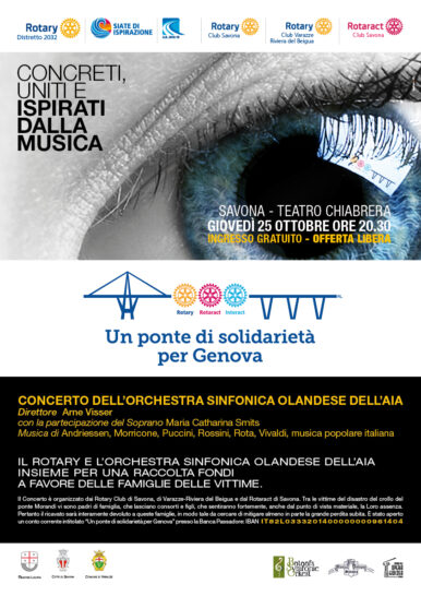 Giovedì  25  ottobre alle 20:30 al Teatro Chiabrera il  Rotary  e  l’Orchestra Sinfonica Olandese dell’Aja insieme per “Un  ponte di solidarietà per Genova”